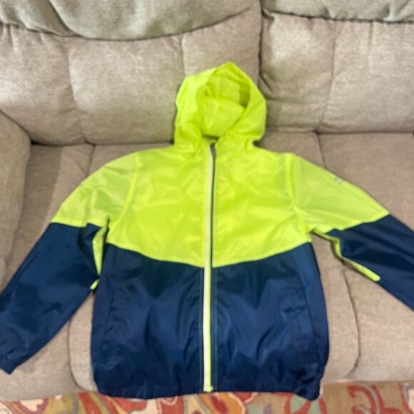 Boys Windbreaker Jacket Blue & Lime Green Size 10/12 Swiss Alps Hood Zipper - Picture 1 of 3
